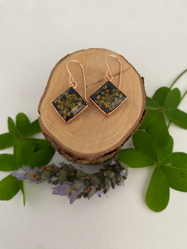 tiny world floral earrings Rose gold recycled copper electroplated dried flower earrings made in usa simple wealth art