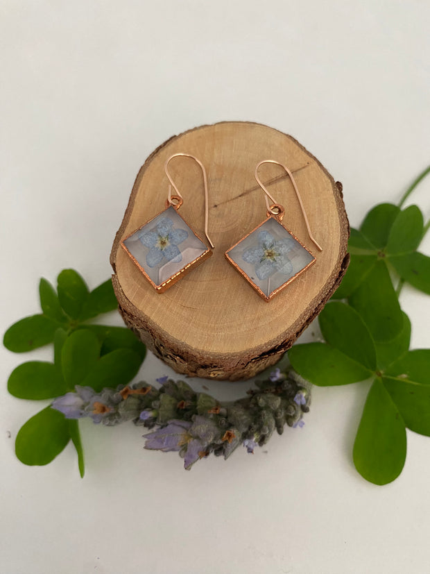 tiny world floral earrings Rose gold recycled copper electroplated dried flower earrings made in usa simple wealth art