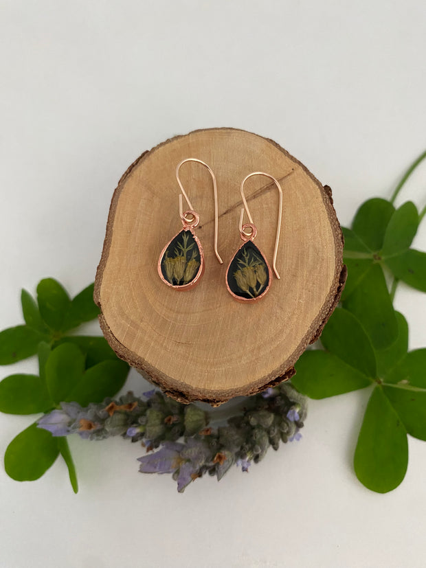 tiny world floral earrings Rose gold recycled copper electroplated dried flower earrings made in usa simple wealth art