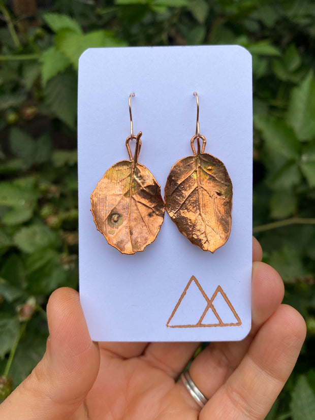 recycled copper electroformed coast live oak leaf earrings simple wealth art made in usa