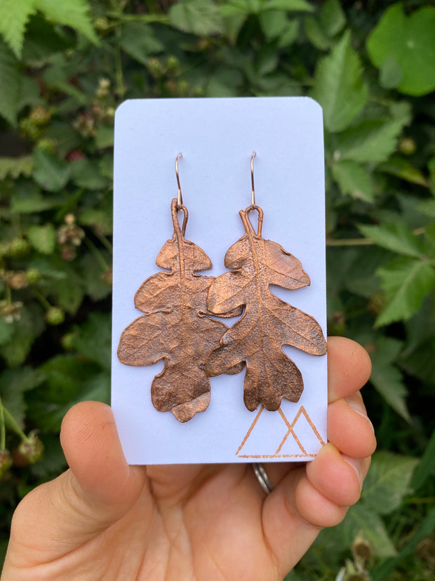 recycled copper electroformed valley oak leaf earrings simple wealth art made in usa