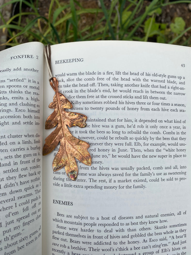 electroplated oak leaf recycled copper bookmark tassel bibliophile made in usa simple wealth art