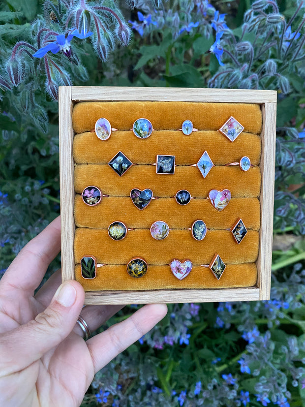tiny world floral rings recycled copper electroplated dried flower rings made in usa simple wealth art