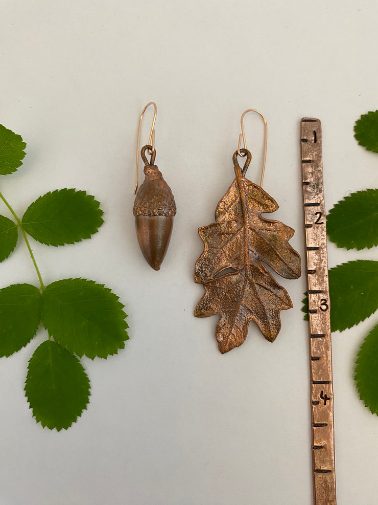 Recycled copper black oak or coastal oak electroplated leaf and real acorn earrings 14 karat gold earwire simple wealth art made in usa