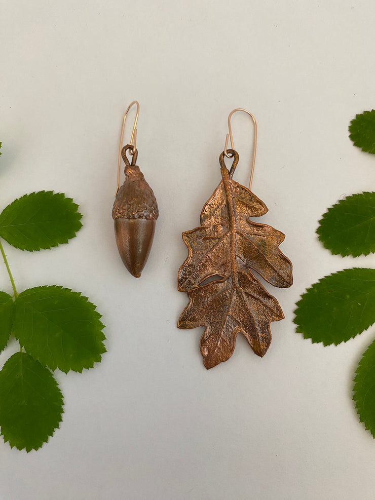 Recycled copper black oak or coastal oak electroplated leaf and real acorn earrings 14 karat gold earwire simple wealth art made in usa