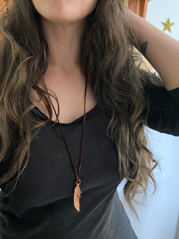 real dove feather recycled copper electroplated deerskin cord necklace handmade in the usa simple wealth art