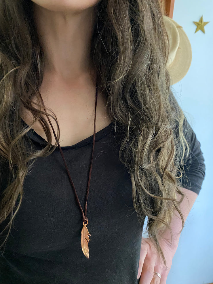 real dove feather recycled copper electroplated deerskin cord necklace handmade in the usa simple wealth art