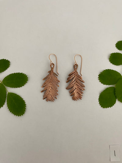 recycled copper electroformed redwood leaf 14 karat gold earrings simple wealth art made in usa