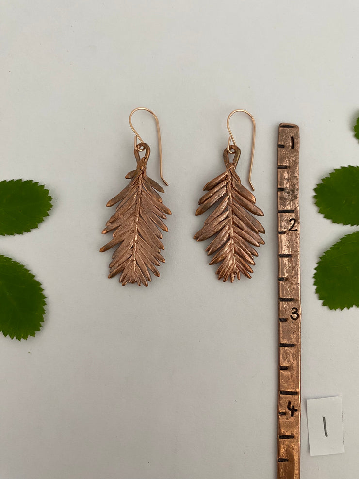 recycled copper electroformed redwood leaf 14 karat gold earrings simple wealth art made in usa