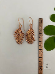 recycled copper electroformed redwood leaf 14 karat gold earrings simple wealth art made in usa