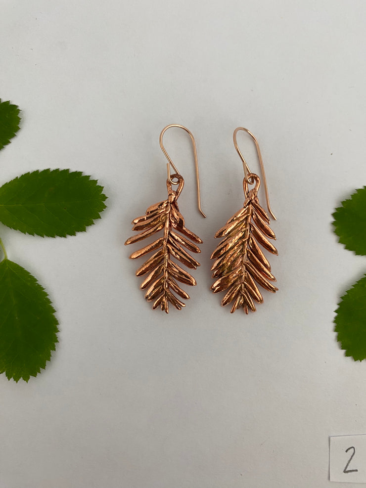 recycled copper electroformed redwood leaf 14 karat gold earrings simple wealth art made in usa