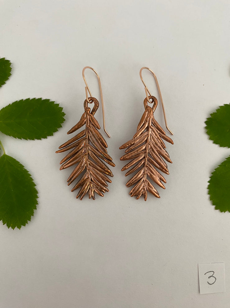 recycled copper electroformed redwood leaf 14 karat gold earrings simple wealth art made in usa