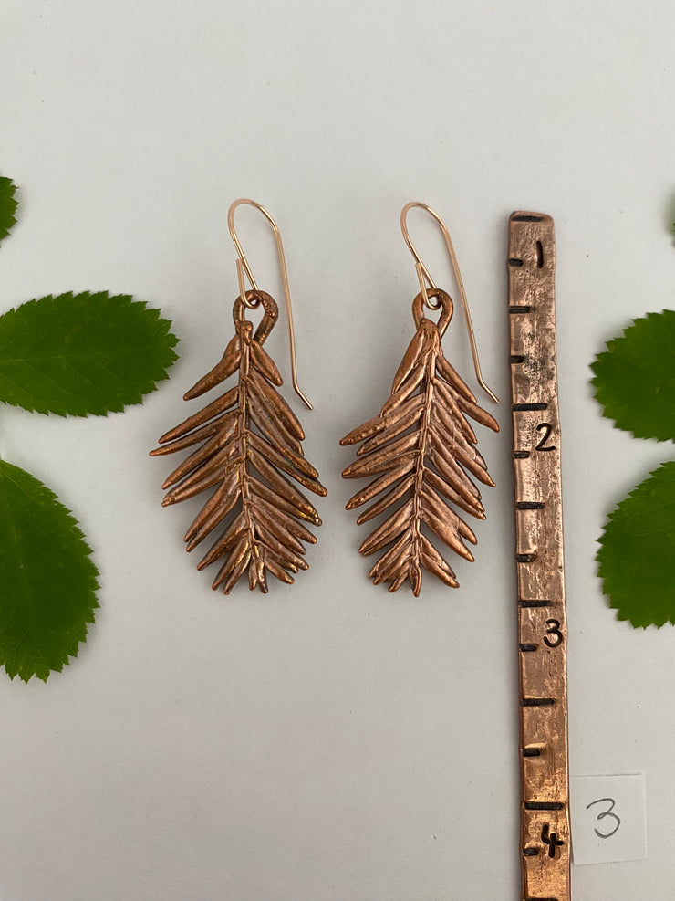 recycled copper electroformed redwood leaf 14 karat gold earrings simple wealth art made in usa