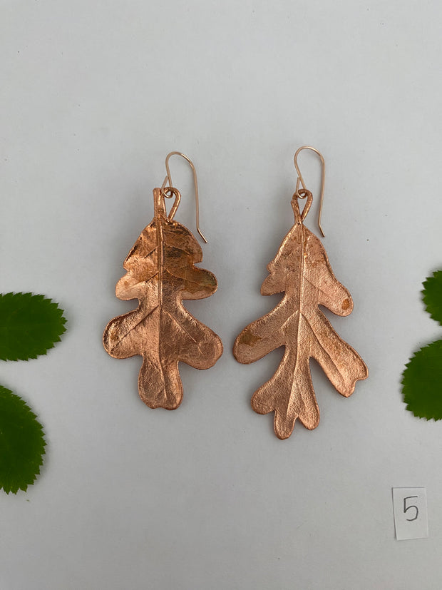 real oak leaf recycled copper electroplated earrings 14 karat rose gold handmade in usa simple wealth art