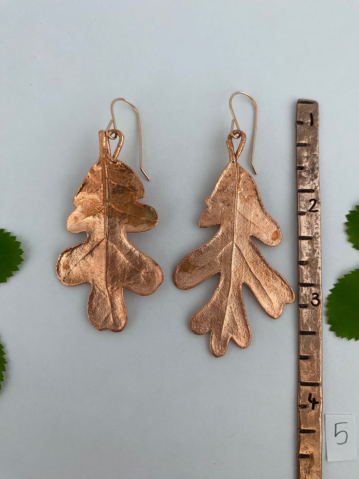 real oak leaf recycled copper electroplated earrings 14 karat rose gold handmade in usa simple wealth art