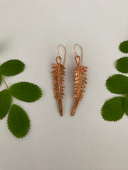 real fern leaf earrings electroplated with recycled copper ans 14 karat gold by simple wealth art made in usa