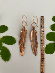 real feather earrings recycled copper electroplated feather earrings handmade 14 karat rose gold ear wires made in usa simple wealth art