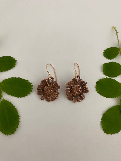 electroformed real daisy flowers recycled copper feverfew earrings simple wealth art made in usa