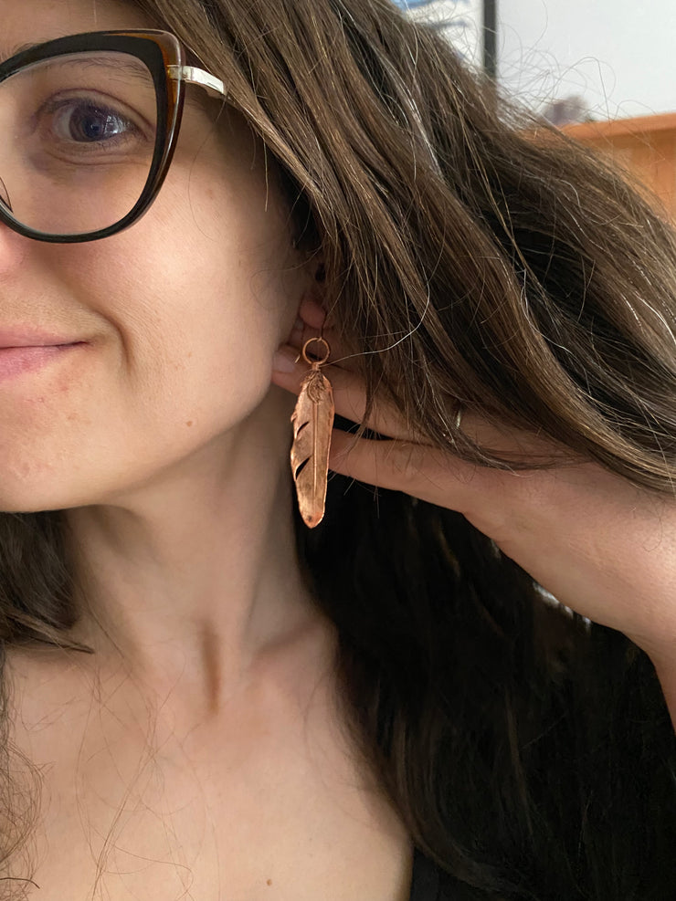 real feather earrings recycled copper electroplated feather earrings handmade 14 karat rose gold ear wires made in usa simple wealth art