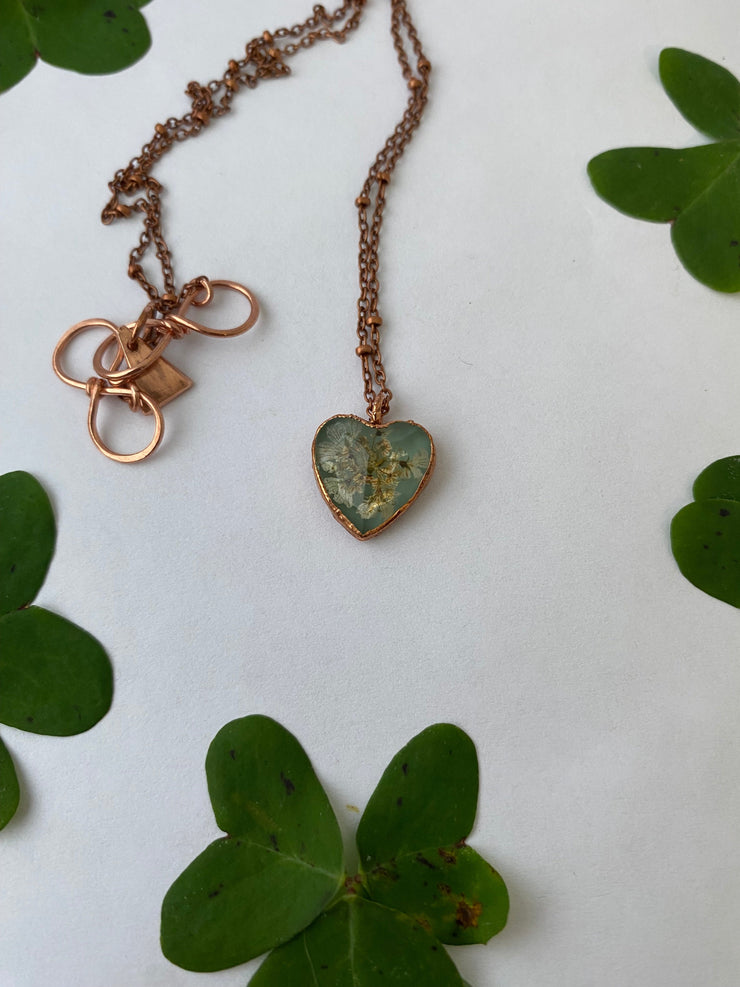 Tiny world necklace recycled copper dried flower resin necklace handmade in usa simple wealth art cilantro