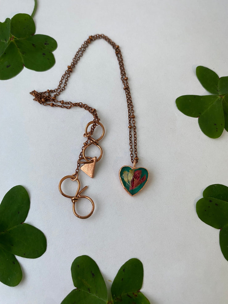 Tiny world necklace recycled copper dried flower resin necklace handmade in usa simple wealth art Yarrow and globe amaranth