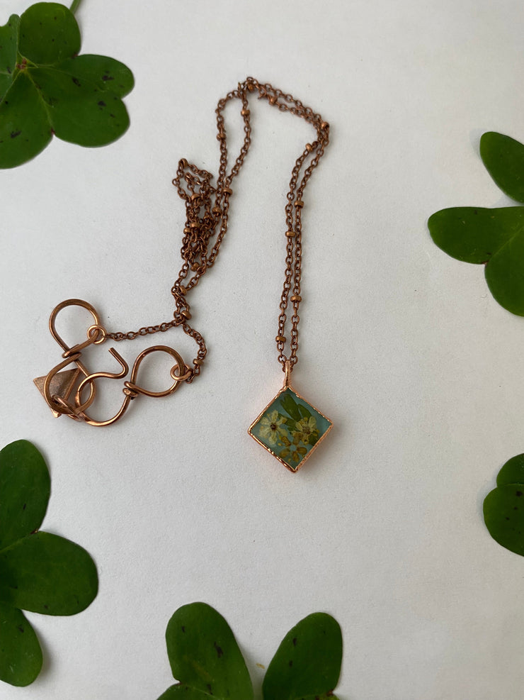 Tiny world necklace recycled copper dried flower resin necklace handmade in usa simple wealth art elderflower and fern