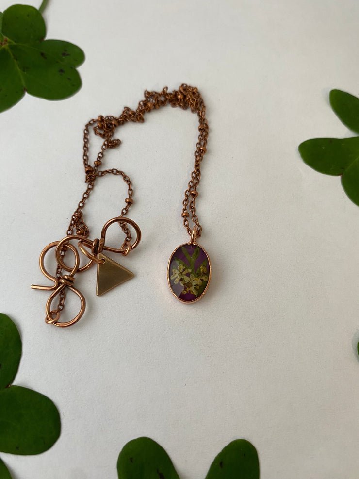 Tiny world necklace recycled copper dried flower resin necklace handmade in usa simple wealth art elderflower and fern