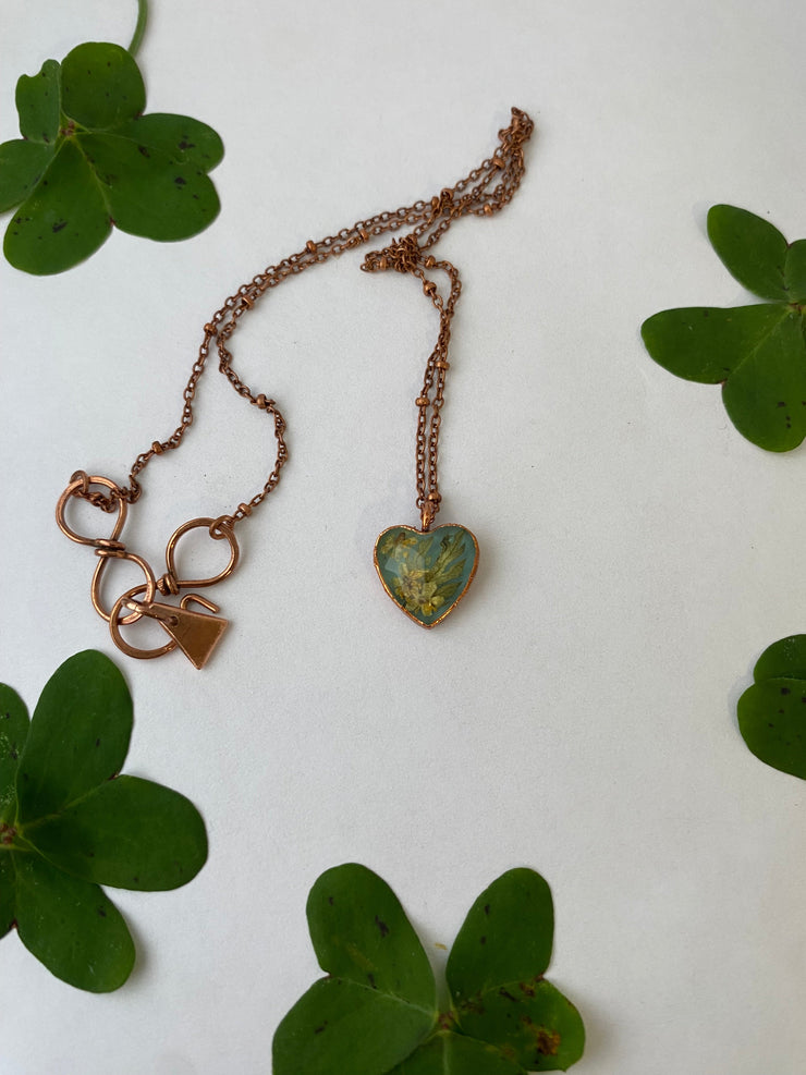 Tiny world necklace recycled copper dried flower resin necklace handmade in usa simple wealth art elderflower and carrot greens