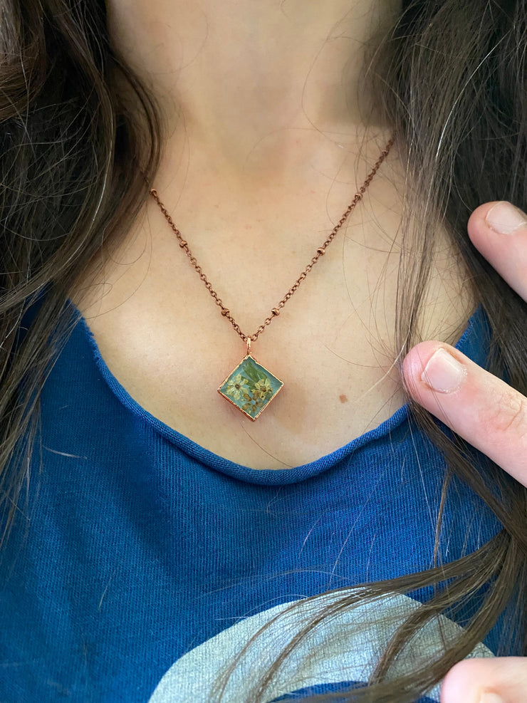 Tiny world necklace recycled copper dried flower resin necklace handmade in usa simple wealth art on human
