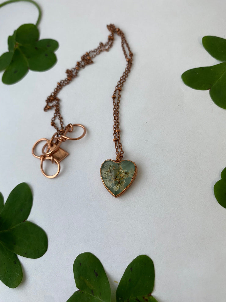 Tiny world necklace recycled copper dried flower resin necklace handmade in usa simple wealth art Cilantro flowers