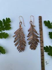 recycled copper electroformed redwood leaf 14 karat gold earrings simple wealth art made in usa