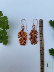 recycled copper electroformed redwood leaf 14 karat gold earrings simple wealth art made in usa