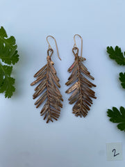 recycled copper electroformed redwood leaf 14 karat gold earrings simple wealth art made in usa