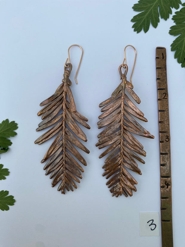 recycled copper electroformed redwood leaf 14 karat gold earrings simple wealth art made in usa