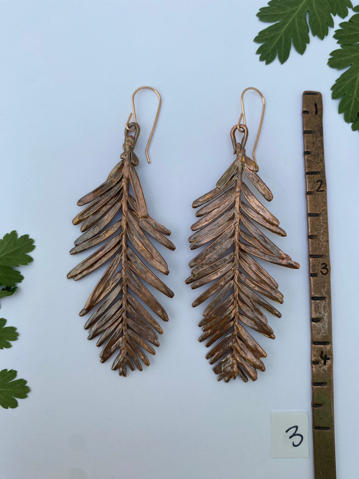 recycled copper electroformed redwood leaf 14 karat gold earrings simple wealth art made in usa