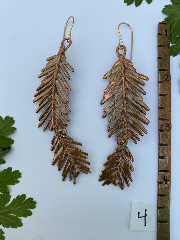recycled copper electroformed redwood leaf 14 karat gold earrings simple wealth art made in usa