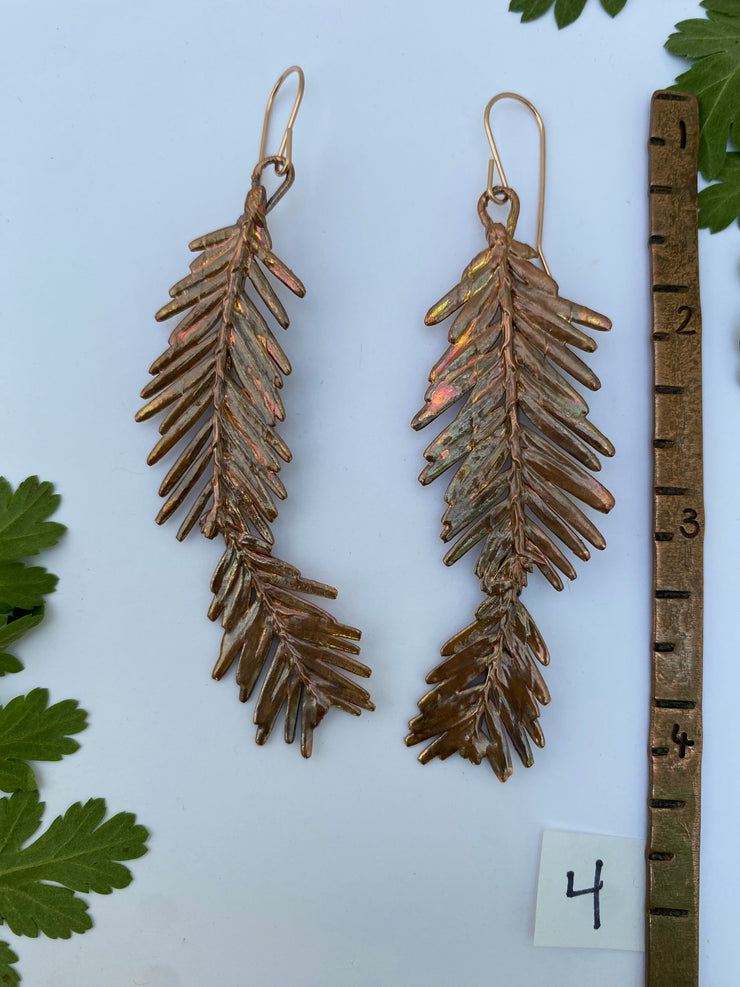 recycled copper electroformed redwood leaf 14 karat gold earrings simple wealth art made in usa
