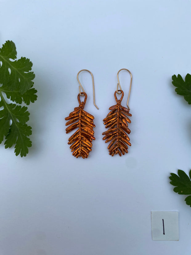 recycled copper electroformed redwood leaf 14 karat gold earrings simple wealth art made in usa