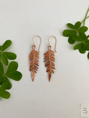 recycled copper electroformed jacaranda mimosafolia leaf earrings simple wealth art made in usa