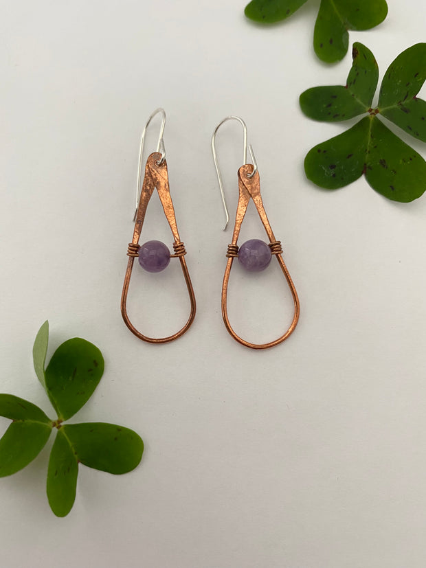 recycled copper drop shape earrings with chevron amethyst by simple wealth art made in usa
