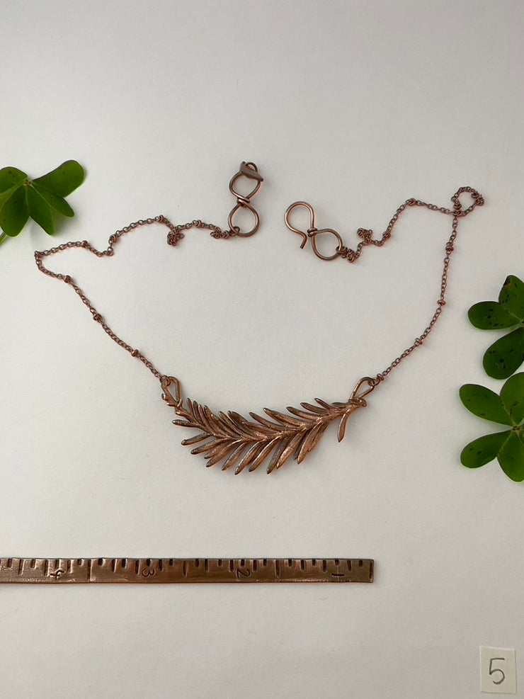 Recycled copper redwood leaf necklace simple wealth art made in usa