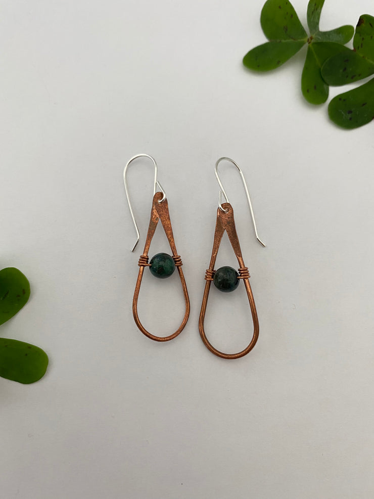 recycled copper natural gemstone sterling silver earrings tear drop made in usa simple wealth art azurite malachite