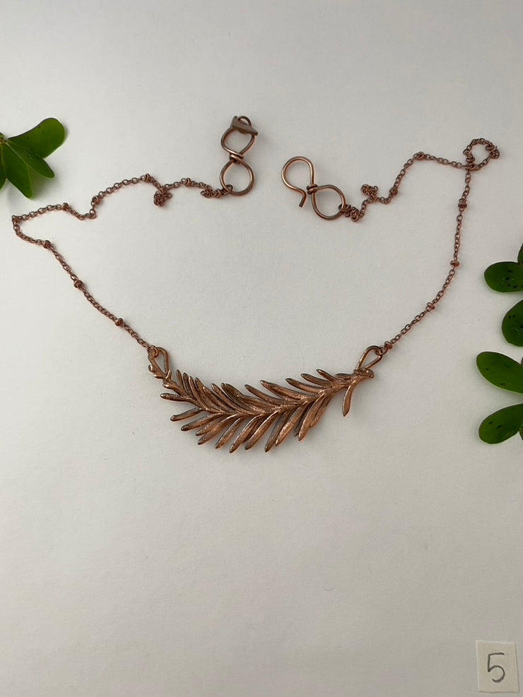 Recycled copper redwood leaf necklace simple wealth art made in usa