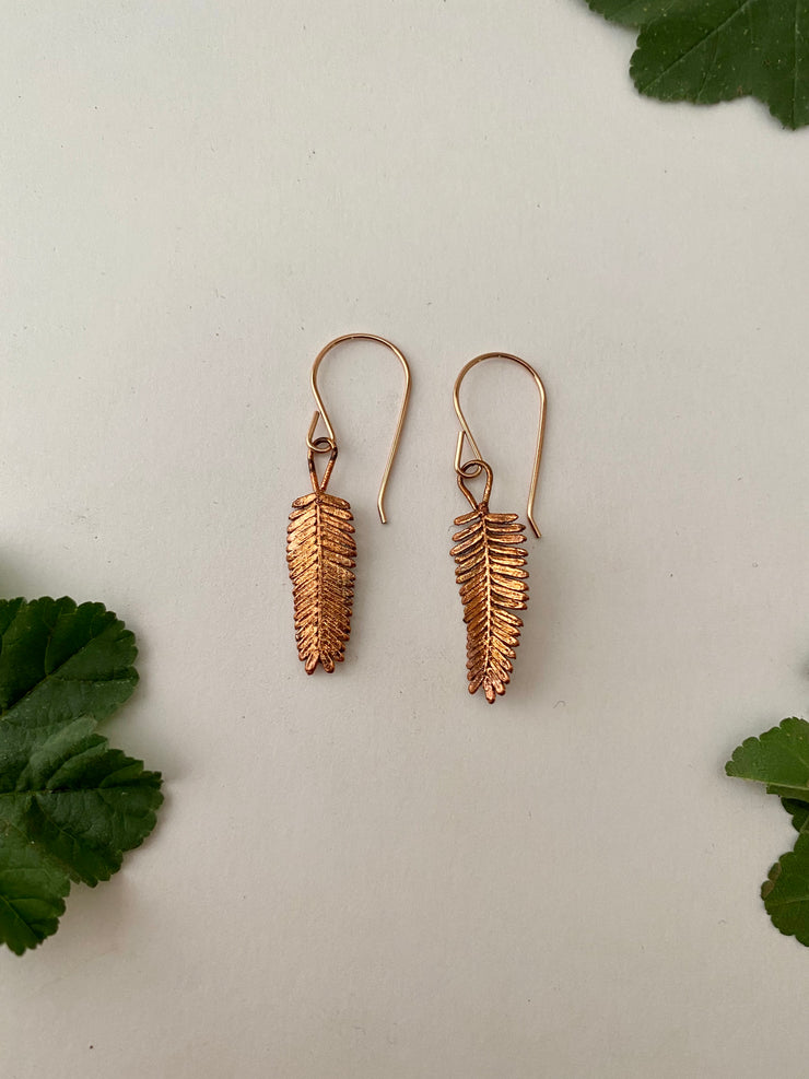 Recycled copper electroplated acacia earrings made in usa simple wealth art real plant jewelry