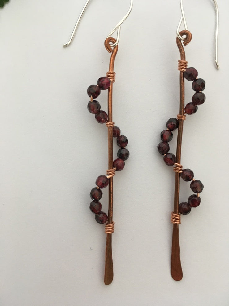 Garnet recycled copper wire wrapped descending stones earrings made in usa simple wealth art