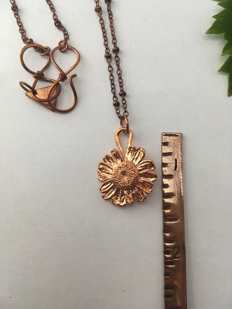 Electroformed feverfew blossom daisy flower necklace recycled copper made in usa simple wealth art real flower jewelry