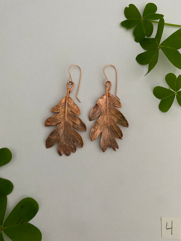 real oak leaf recycled copper electroplated earrings 14 karat rose gold handmade in usa simple wealth art