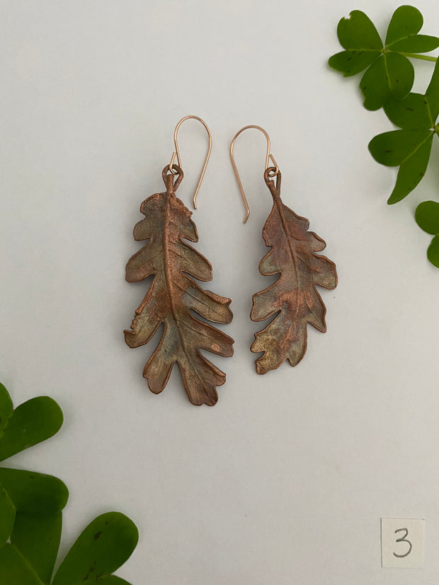 real oak leaf recycled copper electroplated earrings 14 karat rose gold handmade in usa simple wealth art