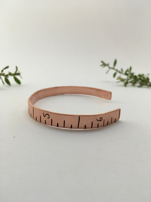 hand stamped ruler recycled copper cuff simple wealth art made in usa