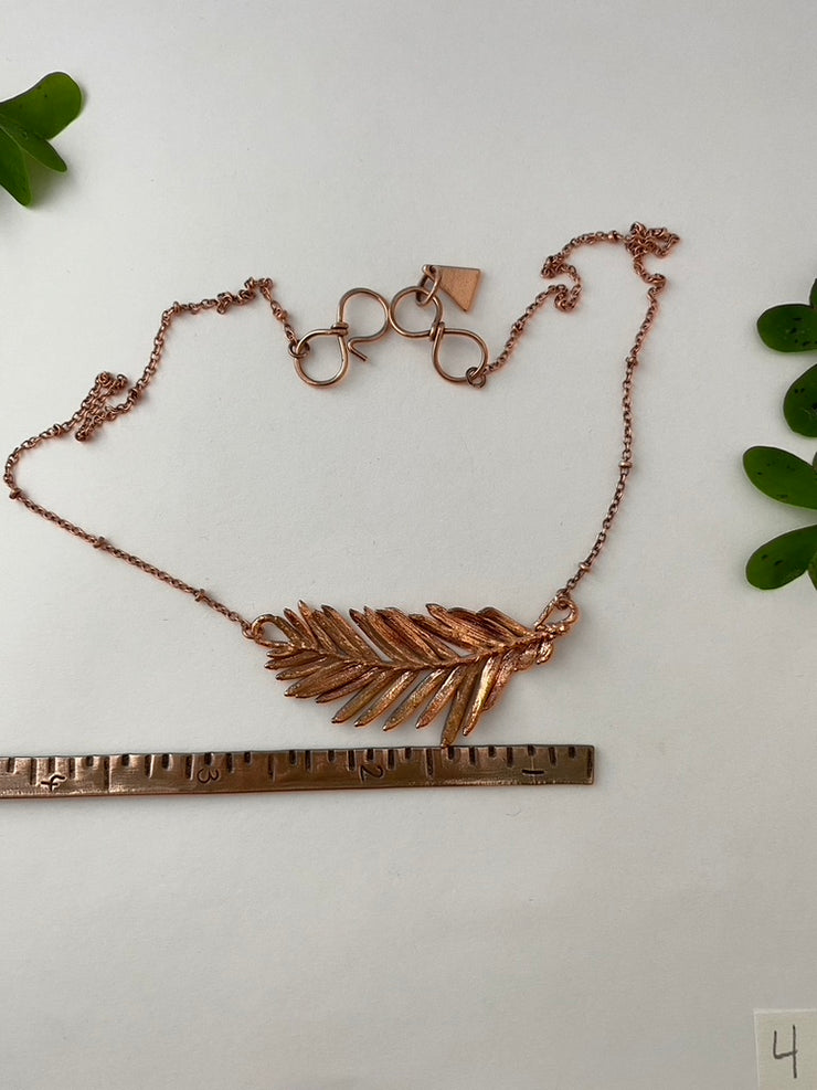 Recycled copper redwood leaf necklace simple wealth art made in usa